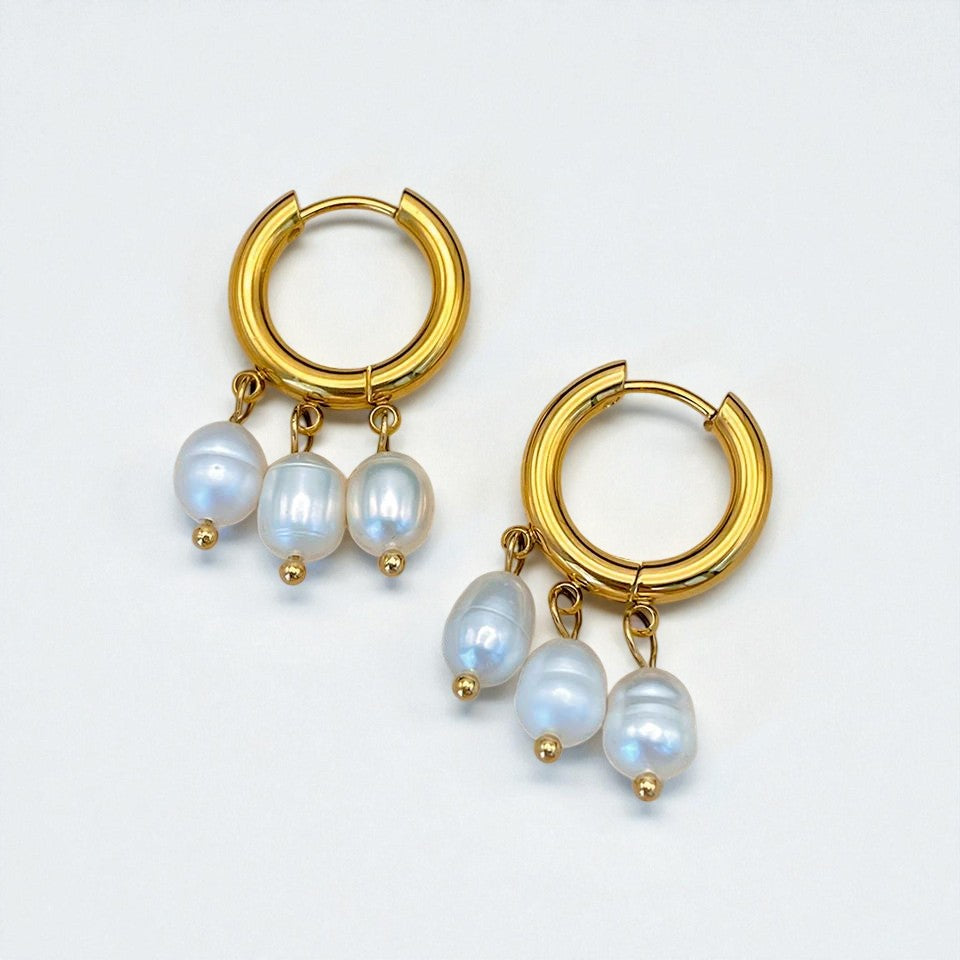 Mira Triple Pearl Hoops Earrings