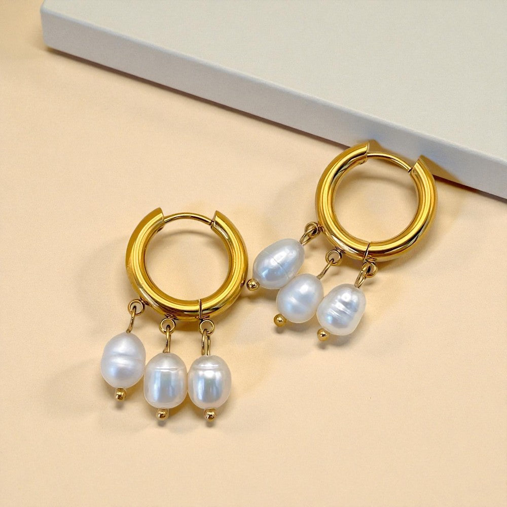 Mira Triple Pearl Hoops Earrings